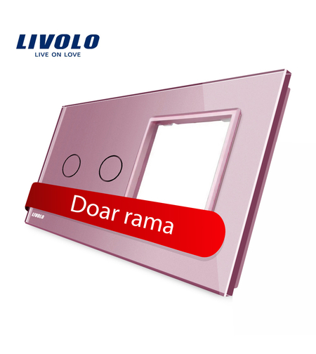 Panou intrerupator dublu cu touch + priza simpla Livolo din sticla, roz