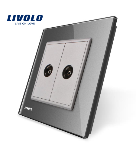 Priza dubla TV Livolo cu rama din sticla, gri
