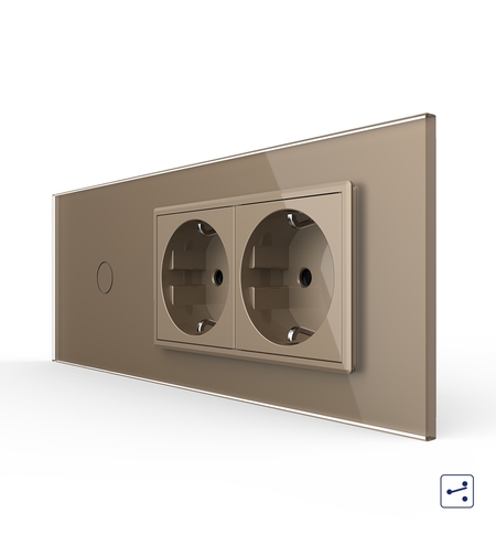 Intrerupator Simplu Cap Scara / Cruce + 2 Prize LIVOLO cu Rama Din Sticla, Standard Italian, 6M, auriu