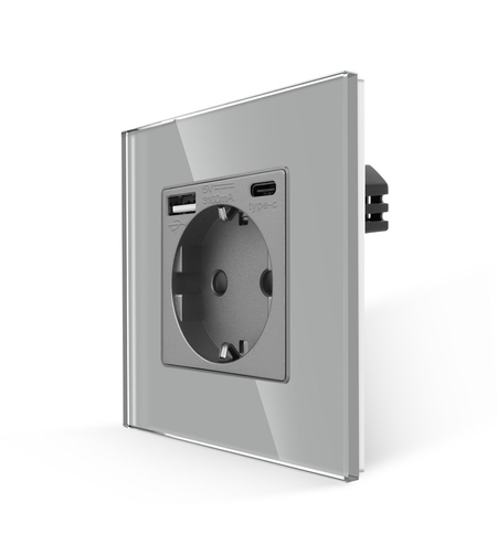 Priza Simpla + USB-A + USB-C LUXION cu Rama din Sticla, gri