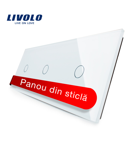 Panou intrerupator simplu+simplu+simplu cu touch Livolo din sticla, alb