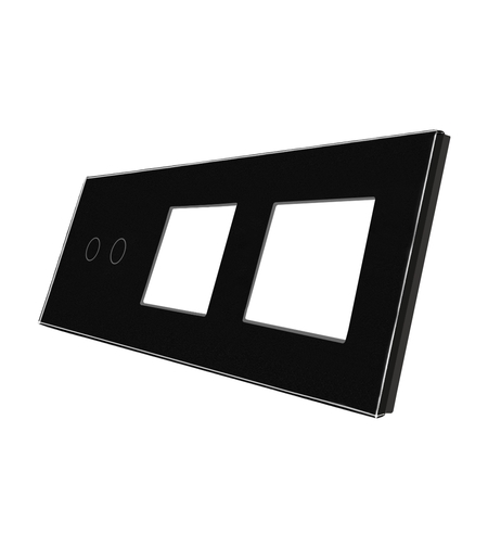 Panou Intrerupator Dublu cu Touch si 2 Prize Din Sticla LUXION, negru