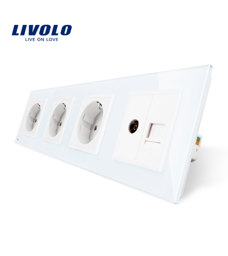 Priza cvadrupla Livolo cu rama din sticla 3 prize simple+TV/internet, alb