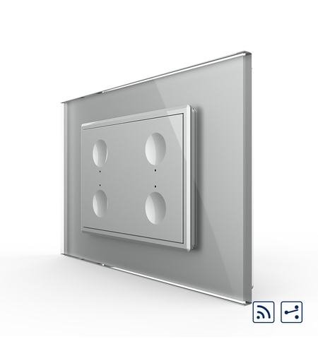 Intrerupator cvadruplu cap scara / cap cruce wireless cu touch Livolo cu rama din sticla, standard Italian - Serie noua, gri