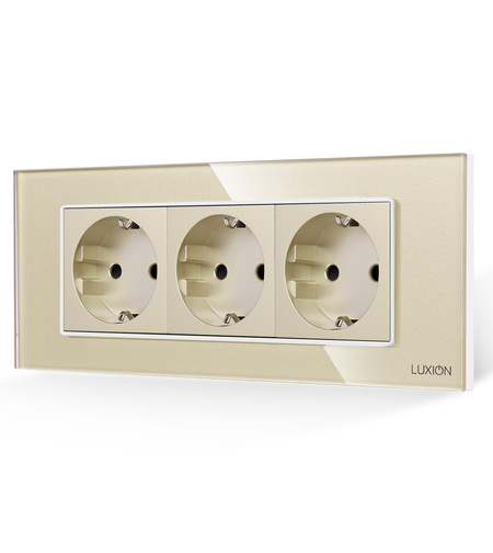 Priza Tripla cu Rama din Sticla LUXION, Standard Italian, 6M, auriu