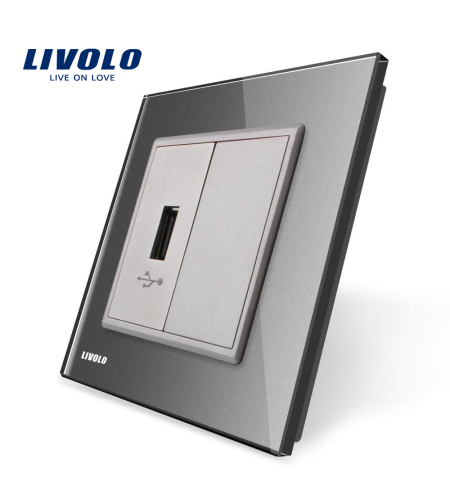 Priza USB Livolo cu rama din sticla, gri