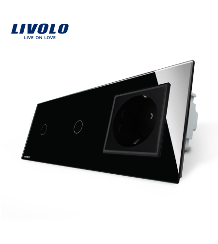 Intrerupator LIVOLO simplu+simplu cu touch si priza din sticla, negru