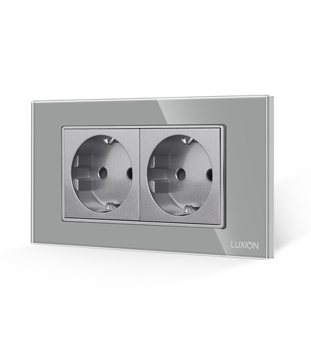Priza Dubla cu Rama din Sticla LUXION, Standard Italian, 4M, gri