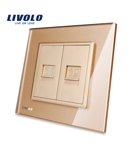 Priza dubla Telefon + Priza internet Livolo cu rama din sticla, auriu