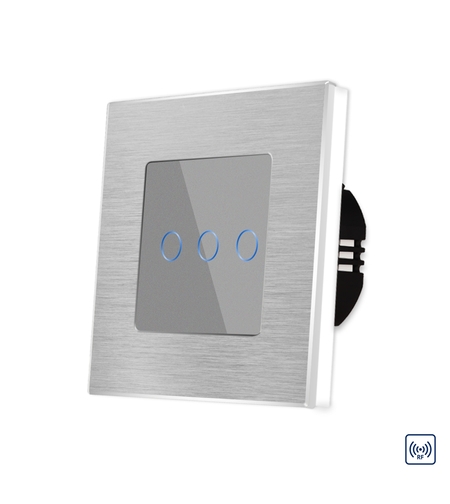 Intrerupator Triplu cu Touch din Sticla si Rama de Aluminiu LUXION, RF433, gri