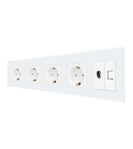 Priza Cvadrupla Schuko + TV + Internet cu Rama Din Sticla LUXION, alb