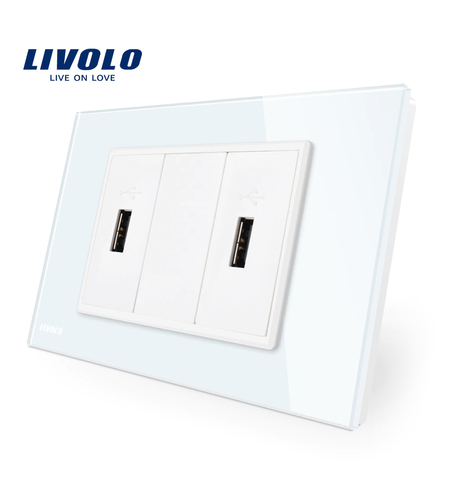 Priza dubla USB Livolo cu rama din sticla - standard italian, alb
