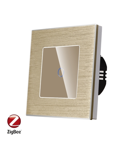 Intrerupator Simplu cu Touch din Sticla si Rama de Aluminiu LUXION, protocol Zigbee, auriu