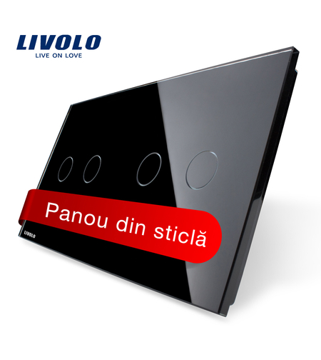 Panou intrerupator dublu+dublu cu touch Livolo din sticla, negru