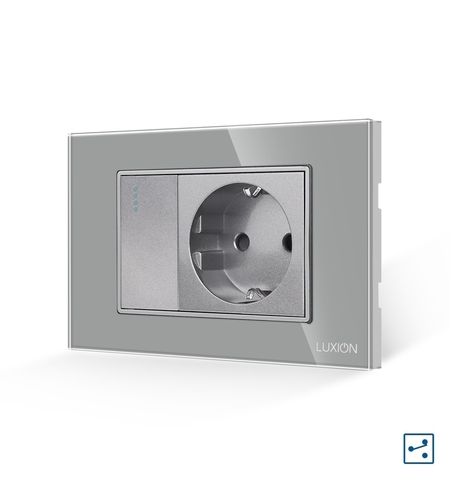 Intrerupator Simplu Cap Scara + Priza cu Rama din Sticla LUXION, Standard Italian, 3M, gri