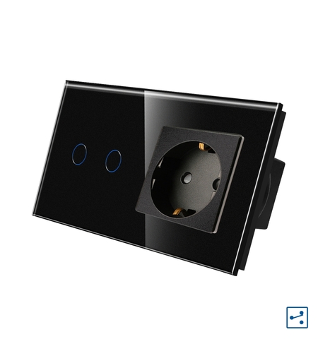 Intrerupator Dublu Cap Scara / Cruce + Priza cu Rama din Sticla LUXION, Serie A, negru