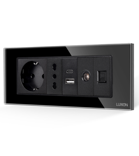 Priza Schuko + Ingusta + Dubla USB + TV + Internet cu Rama Din Sticla LUXION, Standard Italian, 6M, negru