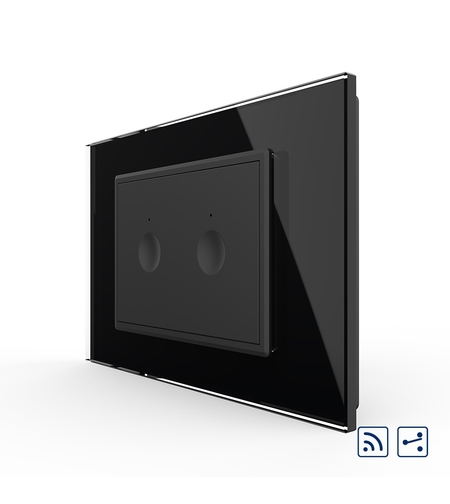 Intrerupator dublu cap scara / cap cruce wireless cu touch Livolo cu rama din sticla, standard Italian - Serie noua, negru