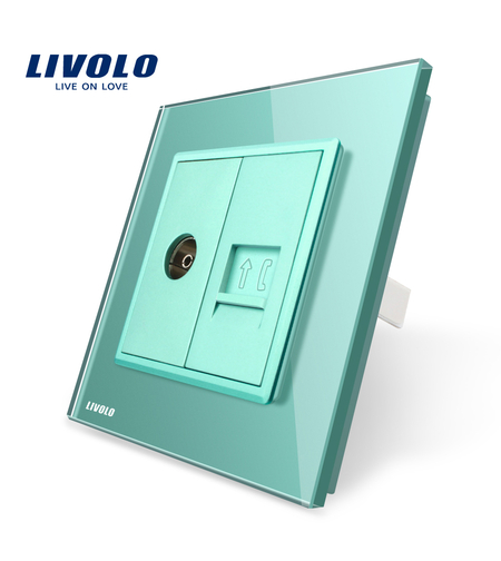 Priza dubla TV + Telefon Livolo cu rama din sticla, verde