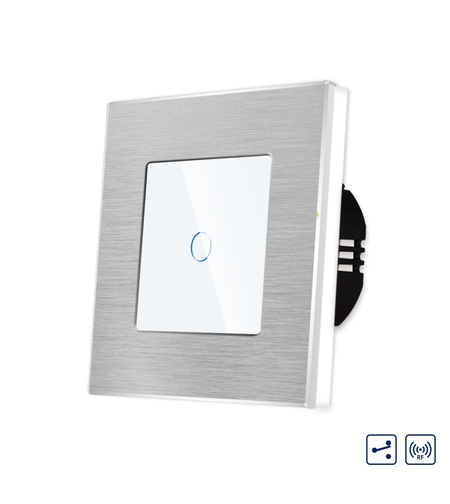 Intrerupator Simplu Cap Scara / Cruce cu Touch din Sticla si Rama de Aluminiu LUXION, RF433, alb