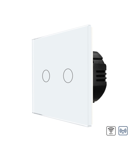 Intrerupator Dublu Wi-Fi + RF433 cu Touch din Sticla LUXION, alb