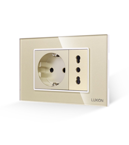 Priza Schuko + Universala Italiana cu Rama din Sticla LUXION, Standard Italian, 3M, auriu