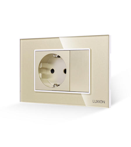 Priza Simpla si 1 Tasta Falsa cu Rama din Sticla LUXION, Standard Italian, 3M, auriu