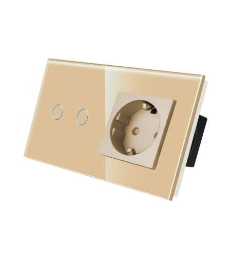 Intrerupator Dublu + Priza cu Rama din Sticla LUXION, auriu