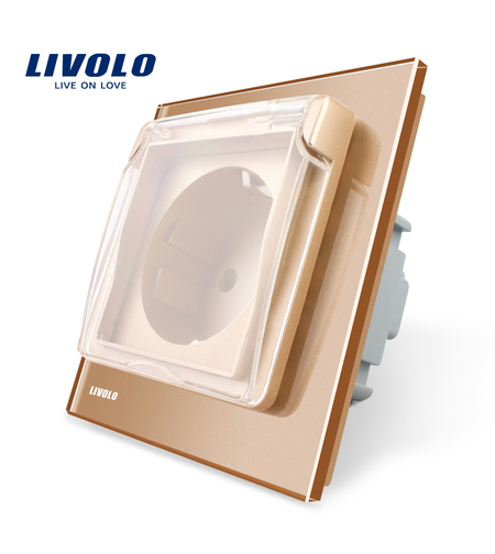 Priza simpla Livolo cu rama din sticla si capac de protectie rezistent la apa, auriu