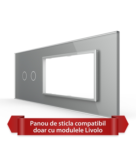 Panou Intrerupator Dublu cu 2 Prize LIVOLO din Sticla, Standard Italian - 6/7M, gri