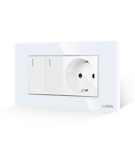 Intrerupator Dublu + Priza cu Rama din Sticla LUXION, Standard Italian, 4M, alb