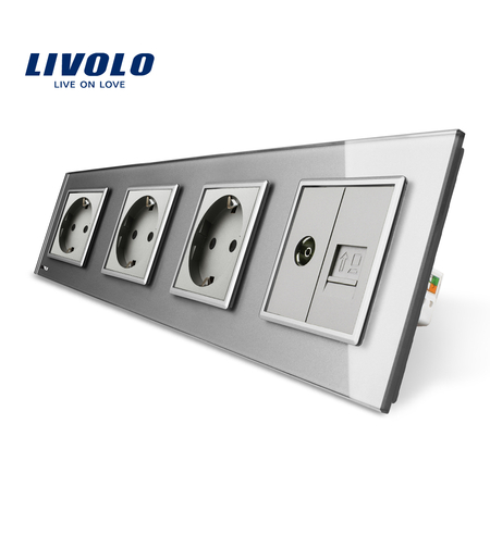 Priza cvadrupla Livolo cu rama din sticla 3 prize simple+TV/internet, gri