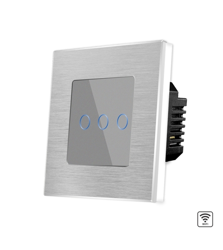 Intrerupator Triplu Wi-Fi cu Touch din Sticla si Rama de Aluminiu LUXION, gri