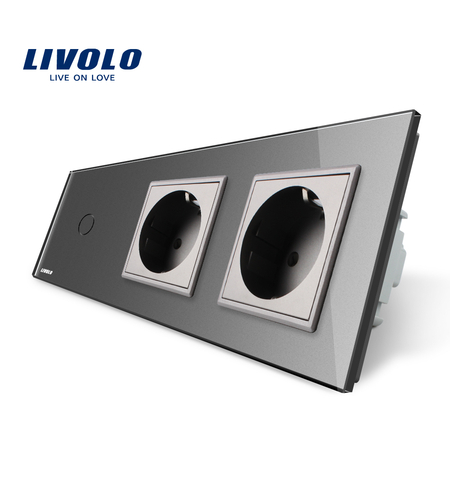 Intrerupator LIVOLO simplu cap scara / cap cruce cu touch si 2 prize din sticla, gri