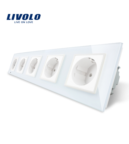 Priza cvintupla Livolo cu rama din sticla, alb