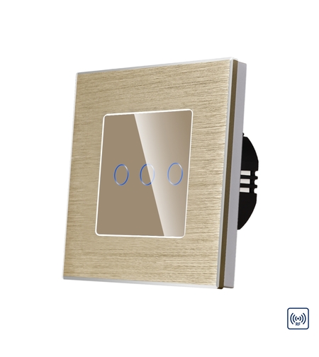 Intrerupator Triplu cu Touch din Sticla si Rama de Aluminiu LUXION, RF433, auriu