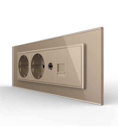 Priza Tripla cu Blank Livolo cu Rama din Sticla 2 Prize Schuko+TV/internet, Standard Italian - Serie Noua, auriu