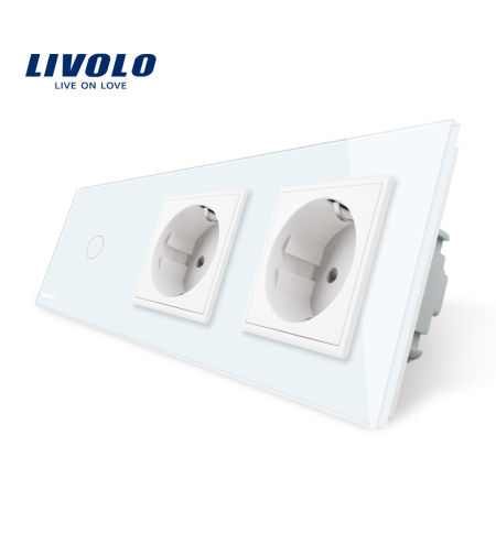 Intrerupator LIVOLO simplu cap scara / cap cruce cu touch si 2 prize din sticla, alb