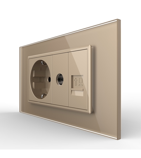 Priza Dubla Livolo cu Rama din Sticla 1 Priza Schuko+TV/internet, Standard Italian - Serie Noua, auriu