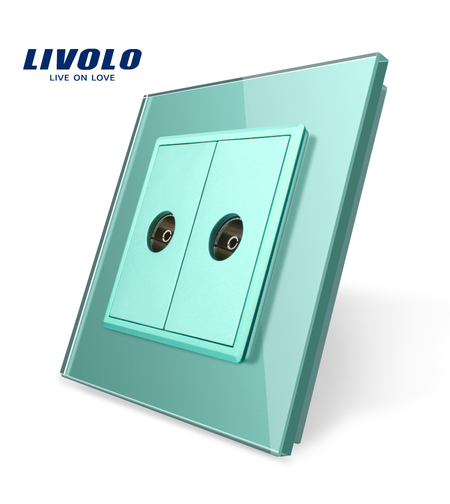 Priza dubla TV Livolo cu rama din sticla, verde
