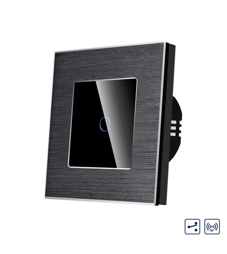 Intrerupator Simplu Cap Scara / Cruce cu Touch din Sticla si Rama de Aluminiu LUXION, RF433, negru