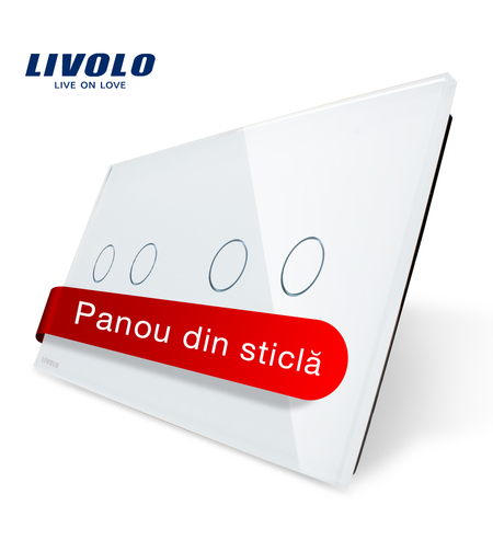 Panou intrerupator dublu+dublu cu touch Livolo din sticla, alb