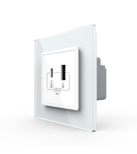 Priza USB-A + USB-C cu Rama Din Sticla LIVOLO - Serie Noua, alb