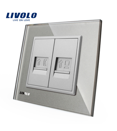 Priza dubla Telefon + Priza internet Livolo cu rama din sticla, gri