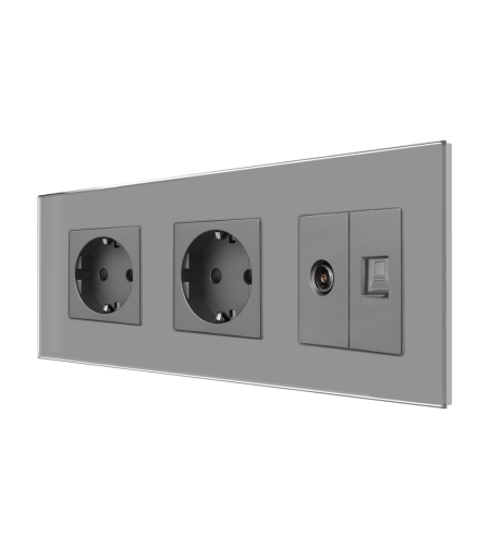 Priza Dubla Schuko + TV + Internet cu Rama Din Sticla LUXION, gri