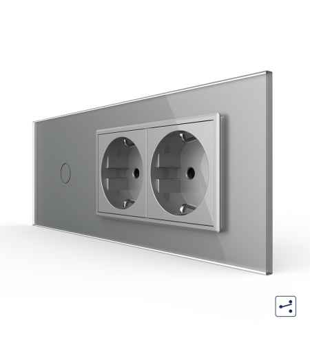 Intrerupator Simplu Cap Scara / Cruce + 2 Prize LIVOLO cu Rama Din Sticla, Standard Italian, 6M, gri