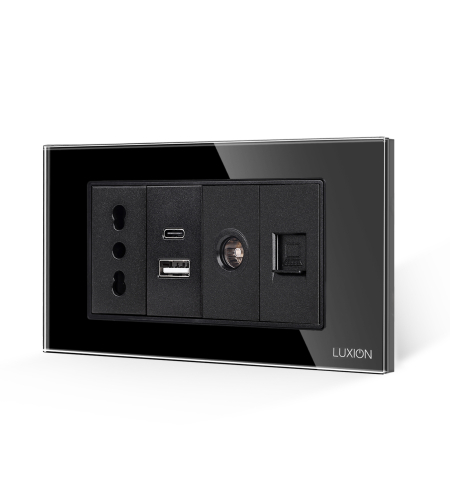 Priza Ingusta + Dubla USB + TV + Internet cu Rama Din Sticla LUXION, Standard Italian, 4M, negru