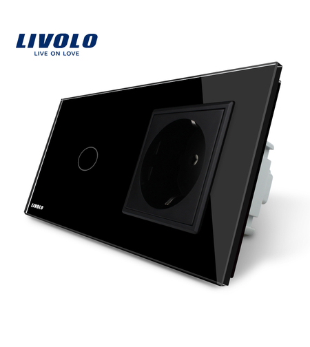 Intrerupator simplu cap scara / cap cruce + priza simpla Livolo rama din sticla, negru