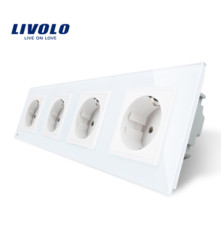 Priza cvadrupla Livolo cu rama din sticla, alb
