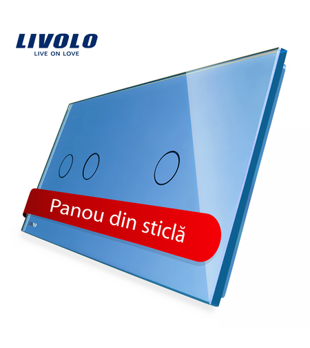 Panou intrerupator dublu + simplu cu touch Livolo din sticla, albastru